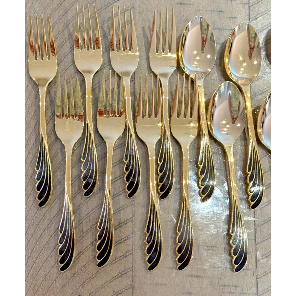 vtg Ranmaru Wave Golden silverware flatware cutlery Black gold knife spoon Fork